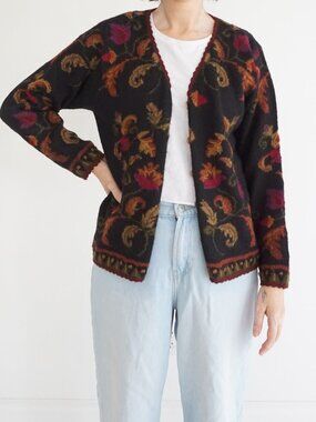 Vintage Hellet Black Floral Vine Handmade Alpaca Wool Cardigan Boho S